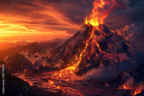 An erupting volcano with glowing lava flows and billowing smoke  set against a sunset backdrop  dramatic and intense  highresolution  showcasing the might of natural forces