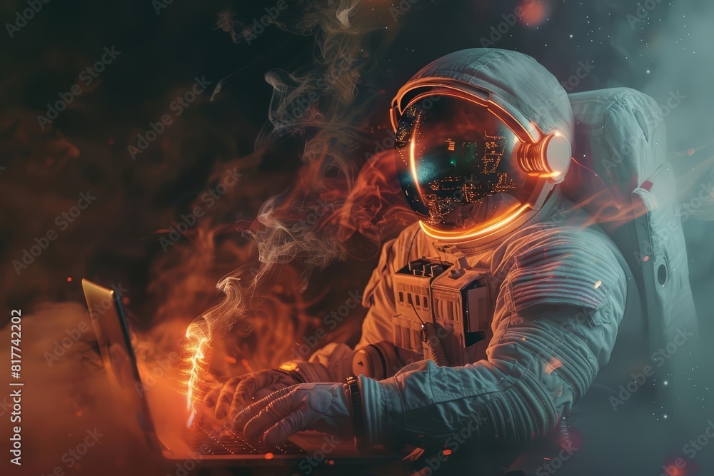 Astronaut emerging from a laptop screen, Scifi, Dark tones, Digital painting, Glowing light and smoke effects Astronaut emerging from a laptop screen, Scifi, Dark tones, Digital painting, Glowing light and smoke effects