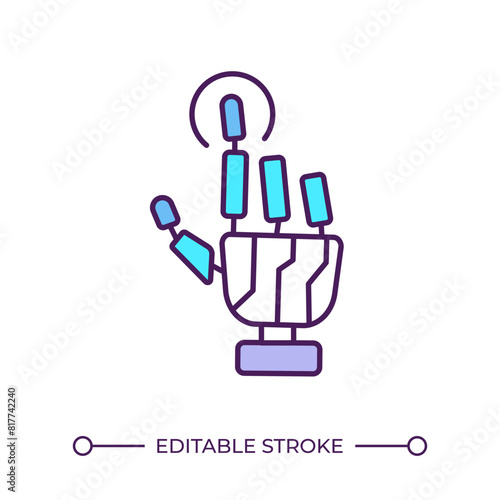 Robotic touch RGB color icon. Bionic hand taps screen. Artificial limb, prosthesis. Artificial intelligence concept. Isolated vector illustration. Simple filled line drawing. Editable stroke