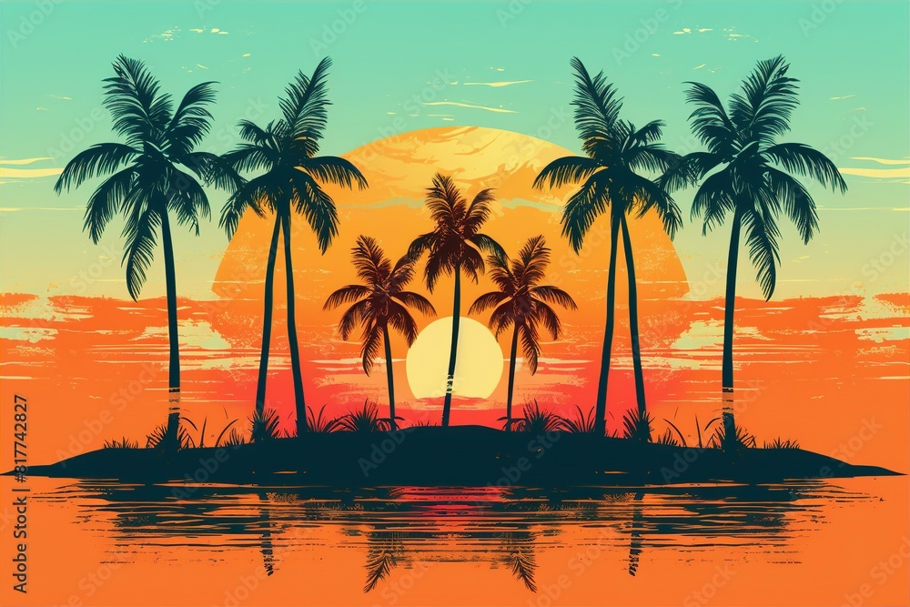Obraz premium Tropical Sunset Over a Beach with Palm Trees