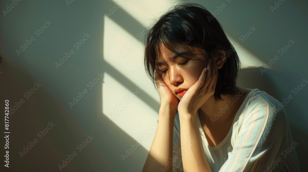 A poignant portrayal of a young Asian woman sitting alone, her hand covering her face as she contemplates her problems A poignant portrayal of a young Asian woman sitting alone, her hand covering her face as she contemplates her problems
