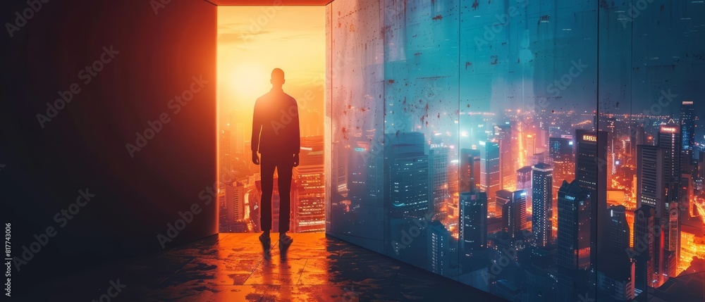 Fototapeta premium Businessman opening a door to a vibrant city view, dark corridor contrasting with bright outside world, representing new opportunities and breakthroughs, detailed and motivational