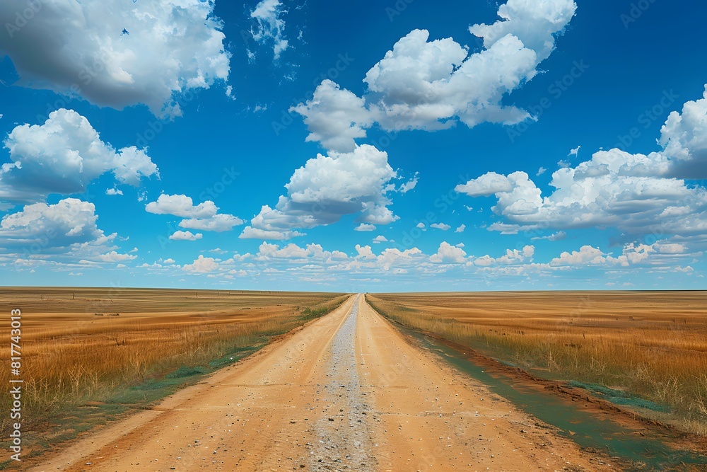 Dirt road through farm field under sky backdrop Dirt road through farm field under sky backdrop