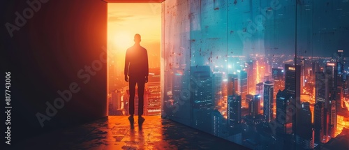 Businessman opening a door to a vibrant city view, dark corridor contrasting with bright outside world, representing new opportunities and breakthroughs, detailed and motivational