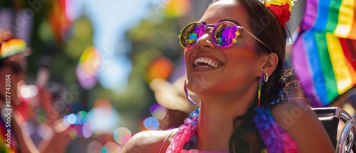 Cheerful woman in a wheelchair at a pride parade  adorned in a rainbow outfit and reflective sunglasses  with pride flags behind her  lively and inclusive atmosphere
