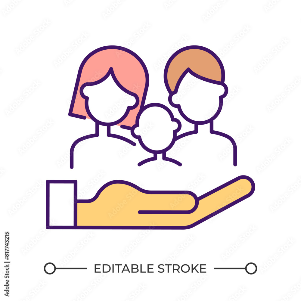 Family insurance RGB color icon. Provide social protection. Life insurance for family member. Social welfare. Isolated vector illustration. Simple filled line drawing. Editable stroke