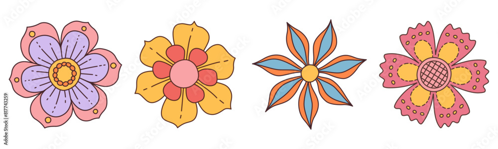 Collection of spring colorful flower. Set Trendy groovy wildflower 70s Vintage style isolated on white. Hand drawn blossom doodle illustration. Bright colorful flowers. Retro floral vector design. Collection of spring colorful flower. Set Trendy groovy wildflower 70s Vintage style isolated on white. Hand drawn blossom doodle illustration. Bright colorful flowers. Retro floral vector design.