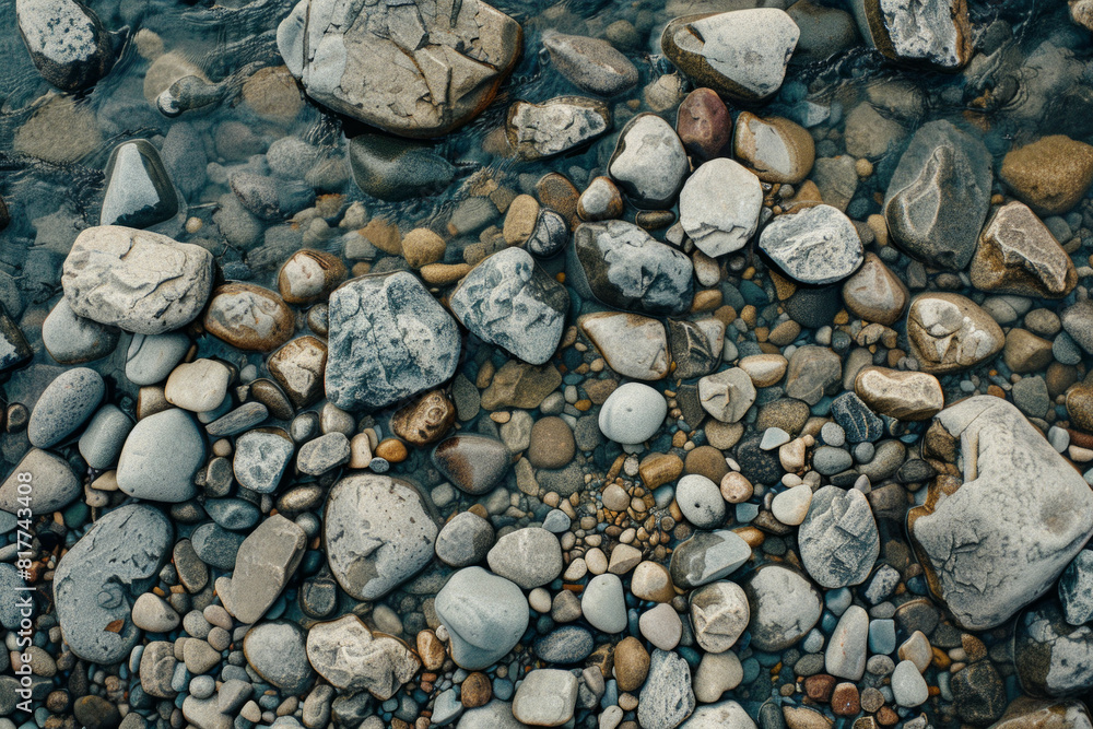 A top-down view of a rocky riverbed, with smooth pebbles and rough boulders creating a textured landscape. A top-down view of a rocky riverbed, with smooth pebbles and rough boulders creating a textured landscape.