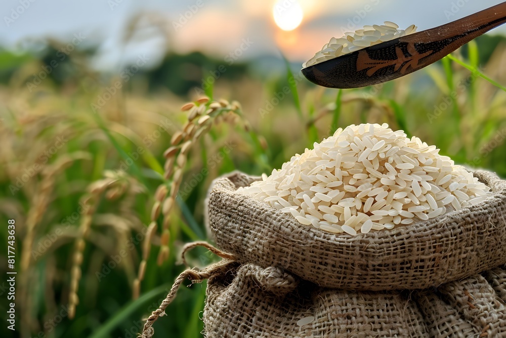 Rice in a sack with a spoon and a rice scoop Rice in a sack with a spoon and a rice scoop