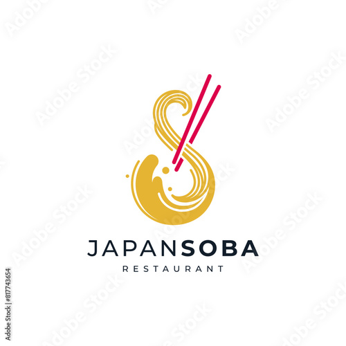 noodle and chopsticks with letter S for spaghetti, soba, noodle, food and restaurant logo design