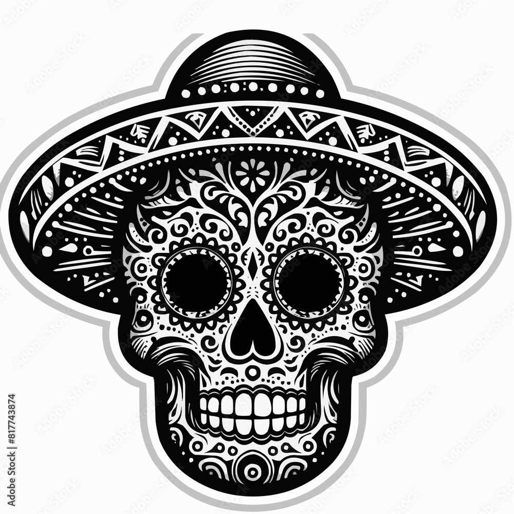Fototapeta premium Detailed Black and White Sugar Skull with Sombrero