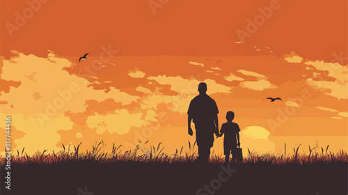 Silhouette of father with son of background to school Vector