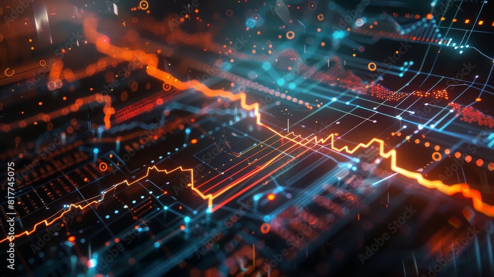 Futuristic financial analytics with holographic data, glowing line graphs, and a dark tech background, digital art, high resolution Futuristic financial analytics with holographic data, glowing line graphs, and a dark tech background, digital art, high resolution