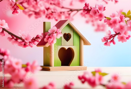 A wooden house with a heart-shaped hole surrounded by pink flowers 