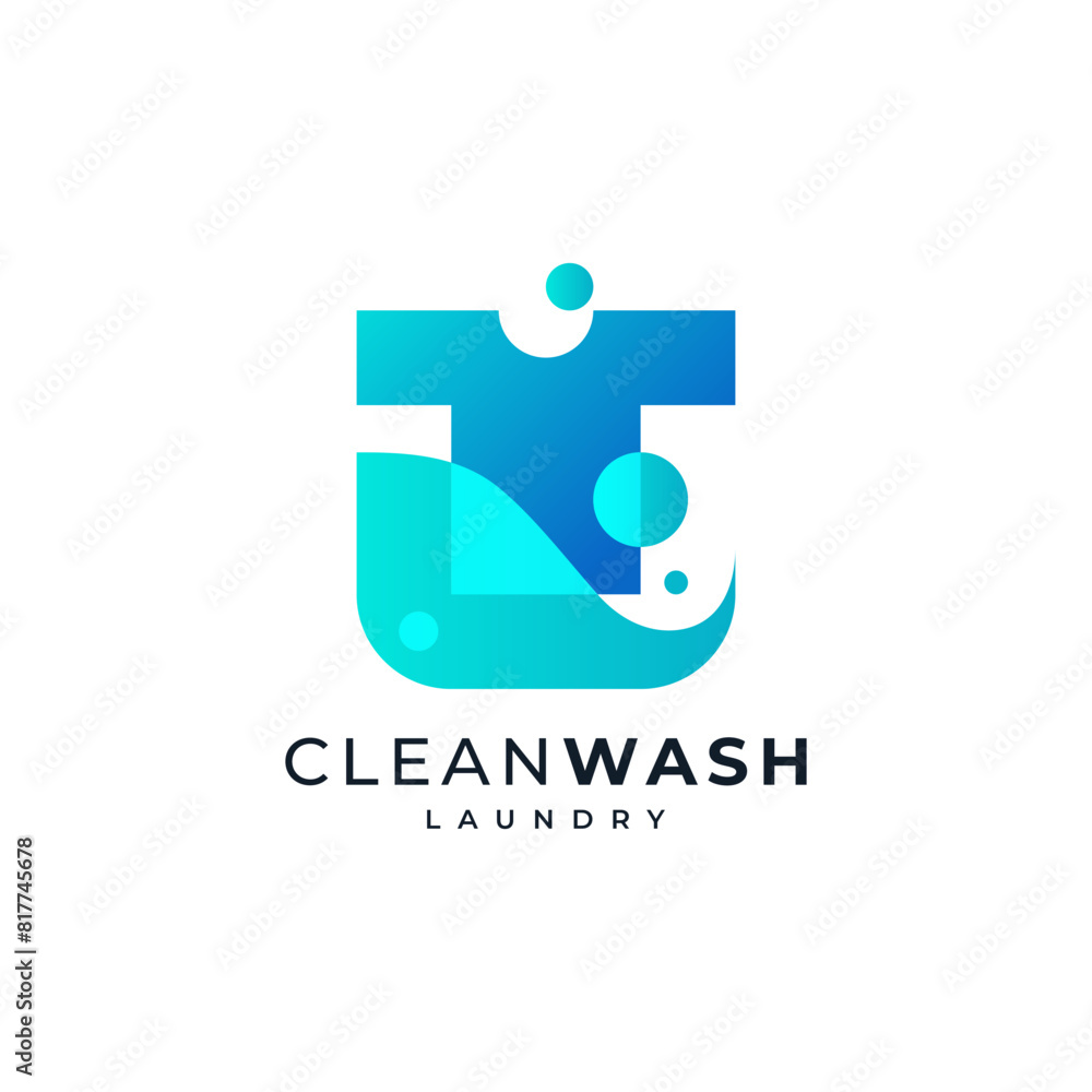 colorful, shiny and simple laundry logo with accents of clothes, bubbles and water
