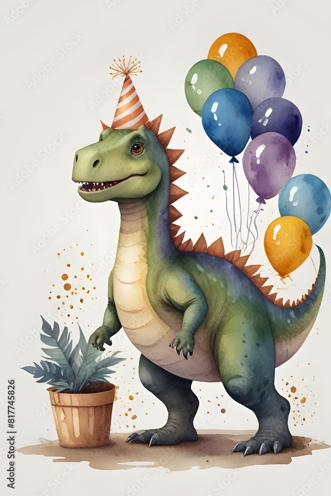Naklejka premium Dinosaur birthday party setting in watercolor style