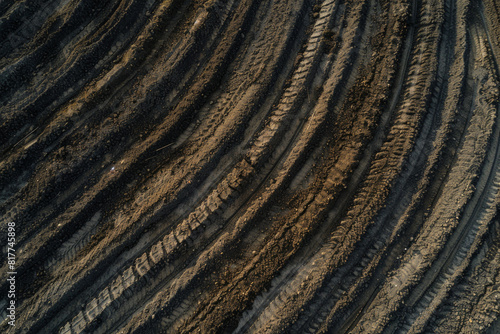A top-down view of a freshly plowed field, with rows of soil creating a textured pattern.