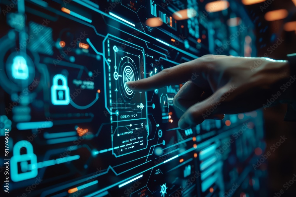 Hand interacting with a holographic interface displaying cybersecurity icons Hand interacting with a holographic interface displaying cybersecurity icons