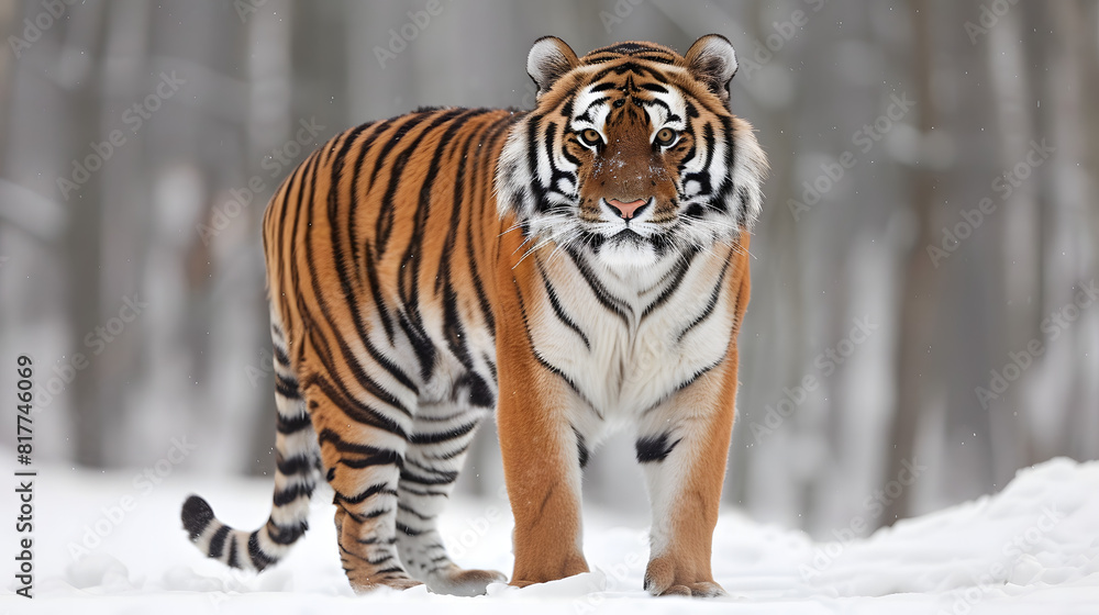 Obraz premium majestic tiger in snowy forest. A stunning tiger standing in a snowy forest, showcasing its powerful presence and striking stripes..