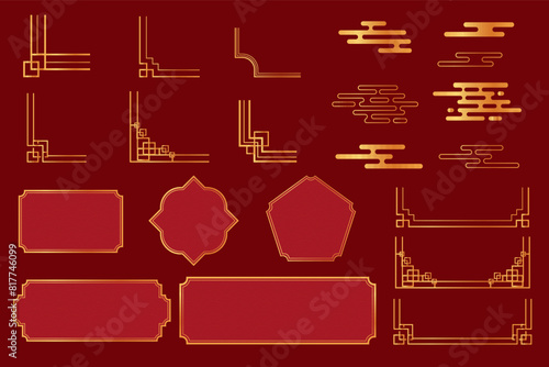 Set Asian corner, golden traditional knot border ancient ornament, vintage frames clouds isolated on background. Golden elegant line decoration.