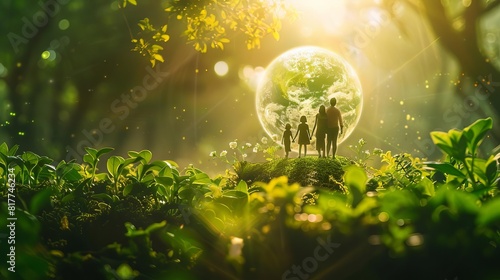 A digital painting of a family investing in a green future, visualized through a hologram of a thriving planet