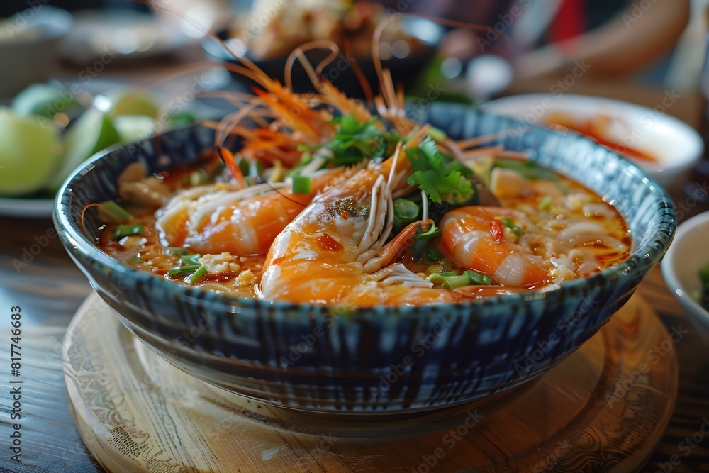 A bowl of soup with shrimp and vegetables A bowl of soup with shrimp and vegetables
