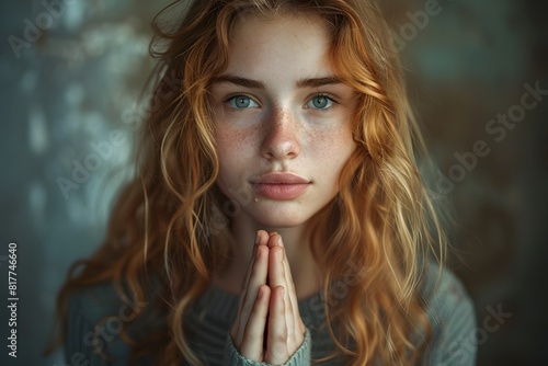 Woman with red hair and freckled eyes praying