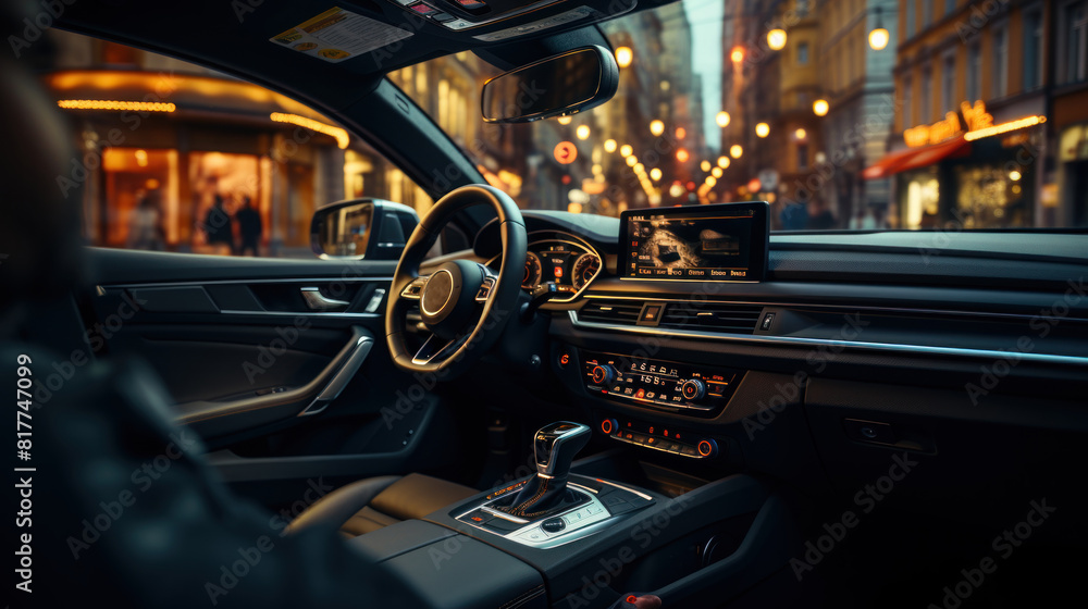Interior of a Modern Car Driving Through a City at Night