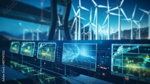 Advanced AI monitoring renewable energy grids, visualized in a sleek, high-tech style, copy space for text right or left or center choose one position, photo shot