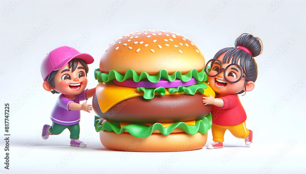 Larger Than Life Lunch! 3D Caricature - Kids Encounter a Colossal Cartoon Burger, Mega Burger Mania 3D Caricature - Kids & a Giant Cartoon Hamburger Larger Than Life Lunch! 3D Caricature - Kids Encounter a Colossal Cartoon Burger, Mega Burger Mania 3D Caricature - Kids & a Giant Cartoon Hamburger