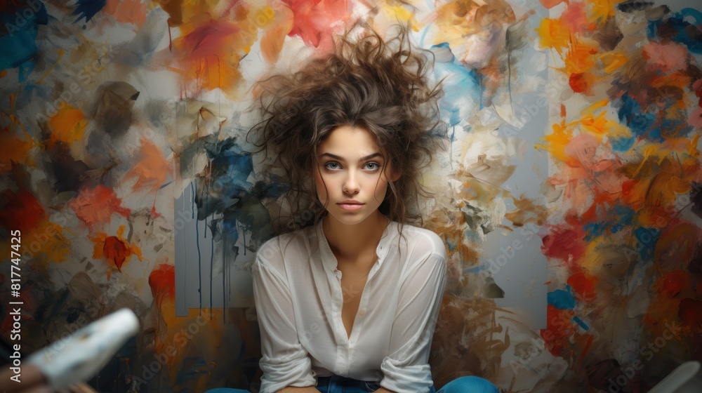 Young Woman with Wild Hair Sitting Against Colorful Abstract Art Background Young Woman with Wild Hair Sitting Against Colorful Abstract Art Background