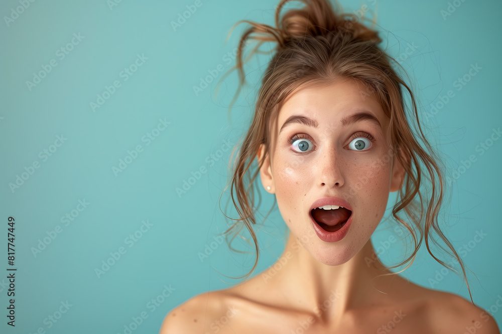 Naklejka premium Vivid Surprise on Young Woman's Face with Wide Eyes and Radiant Smile. Non-existent person.