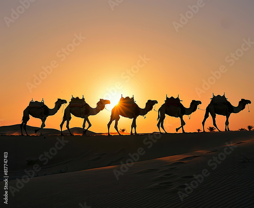 A stock image photograph of A group of camels trekking across the desert  silhouetted against the setting sun. in a clear  balanced lighting that highlights the subjects  a neutral and professional fe