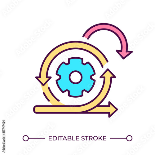 Agile development RGB color icon. Rotating gear and arrows icon. Different directions. Project management. Isolated vector illustration. Simple filled line drawing. Editable stroke