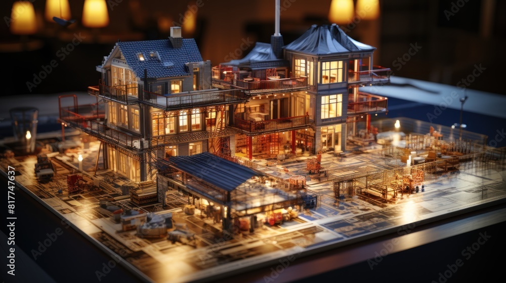 Intricate Model of Construction Project with Illuminated Building Design