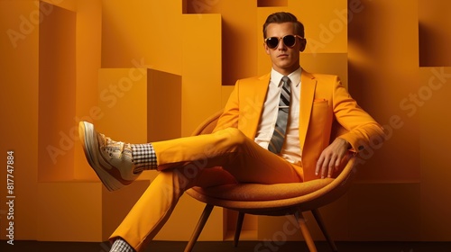 Confident Businessman in Bright Orange Suit Sitting on a Modern Chair photo