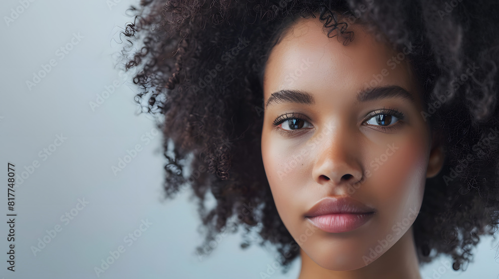 portrait of a woman with curly hair. A closeup portrait of a young woman with natural curly hair, highlighting her clear skin, expressive eyes, and serene expression against a simple background.. portrait of a woman with curly hair. A closeup portrait of a young woman with natural curly hair, highlighting her clear skin, expressive eyes, and serene expression against a simple background..