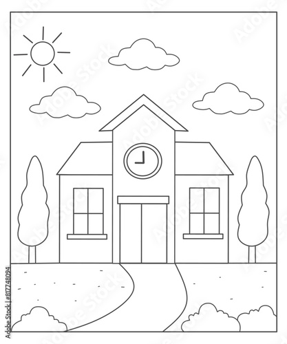 School building coloring page for kids, back to school worksheet, school coloring activity 