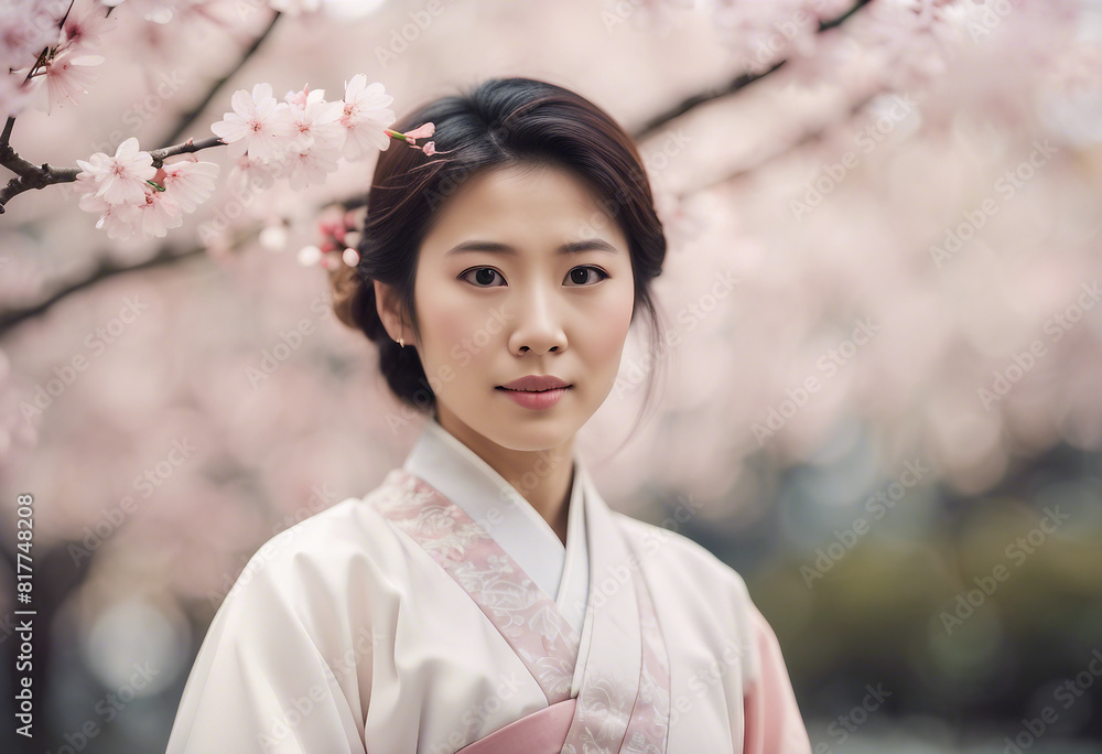 Portrait of Asian woman with traditional clothes, isolated white and sakura leafy background Portrait of Asian woman with traditional clothes, isolated white and sakura leafy background