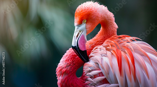 closeup of a pink flamingo. A striking closeup of a pink flamingo, showcasing its vibrant feathers, curved beak, and sharp eyes against a blurred natural background..