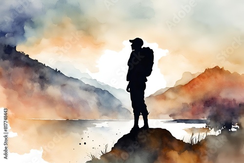 water color  male adventure silouette looking into the distance