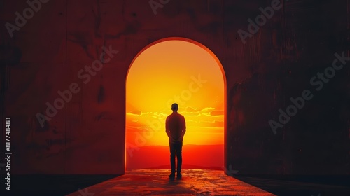 Silhouette of a man standing before an oversized keyhole  viewing a vibrant sunrise  representing unlocking potential and new beginnings  high contrast  motivational atmosphere
