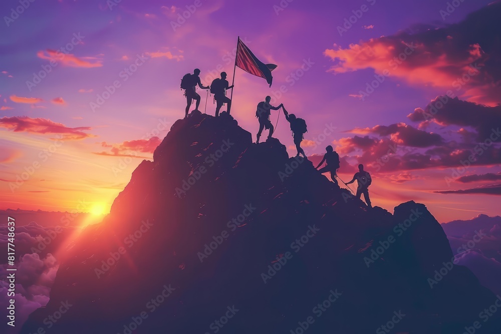 Fototapeta premium Silhouettes of a team helping each other climb a mountain at sunset, one holding a flag at the peak, symbolizing teamwork and achievement, high contrast, inspirational scene