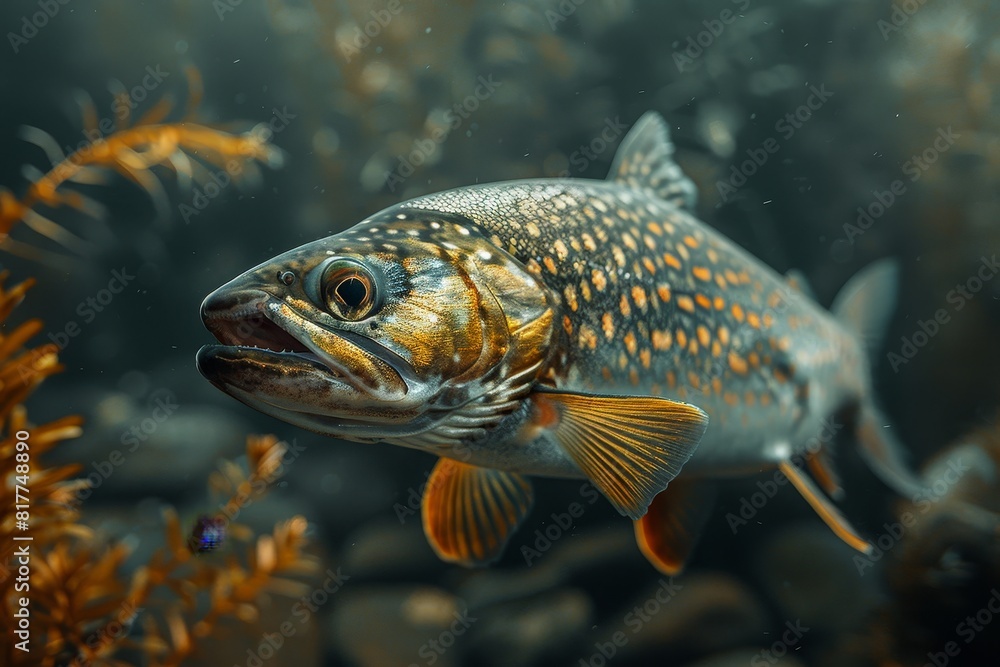 Pike fish lurking in murky waters, depicting freshwater predators. Pike fish lurking in murky waters, depicting freshwater predators.