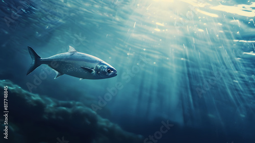 fish swimming underwater with sun rays. A fish swims gracefully underwater, illuminated by sun rays filtering through the water, creating a serene and captivating aquatic scene.. © kosarit