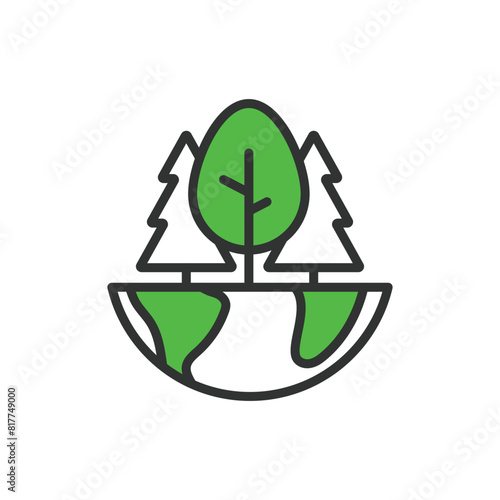 World forest, in line design, green. Forest, world, trees, nature, green, environment, conservation on white background vector. World forest editable stroke icon.