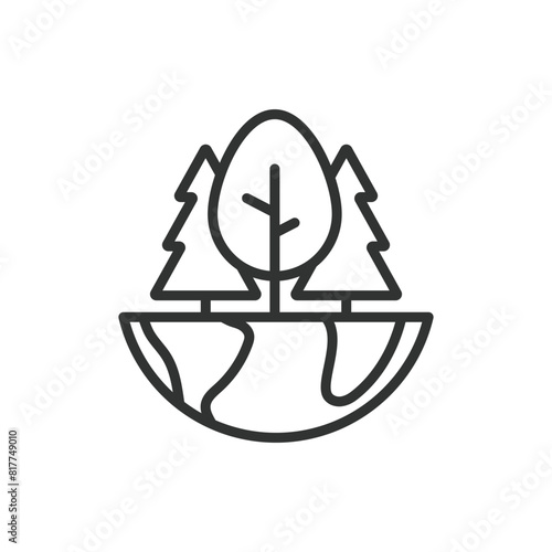 World forest, in line design. Forest, world, trees, nature, green, environment, conservation on white background vector. World forest editable stroke icon.