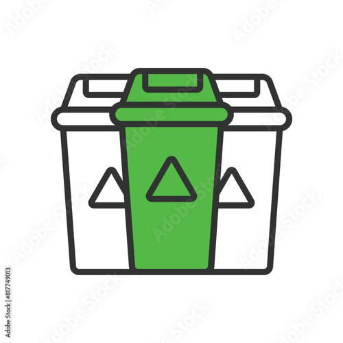 Waste sorting vector, in line design, green. Waste, sorting, recycling, bins, eco, environment, sustainability on white background vector. Waste sorting vector editable stroke icon.