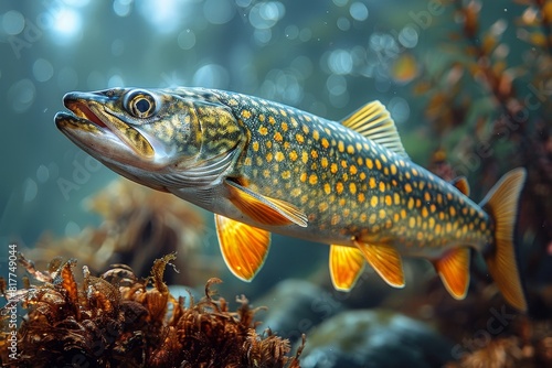 Pike fish lurking in murky waters, depicting freshwater predators.  © Nico