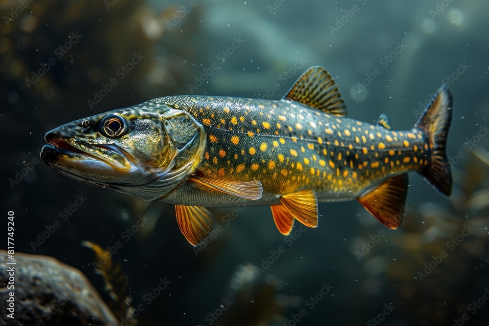 Pike fish lurking in murky waters, depicting freshwater predators. Pike fish lurking in murky waters, depicting freshwater predators.